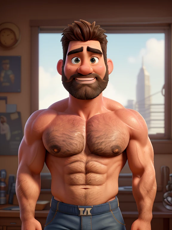 Create Pixar style photo, an award-winning original photo,A wild muscular man, (40 years old daddy:1.1), 1boy, Solo, (big shoulders, musculature, stubbles, Short beard, Beautiful eyes:1.3, ), (chengjianbin:1), (weizhenrong:1), (Detailed face:1.3), Dynamic Angle, dramatic pose, voluminetric lighting, (Best quality, A high resolution, Photorealistic), Cinematic lighting, Masterpiece, RAW photo, Intricate details, hdr, full body, sweaty, detailed speedo, big underwear bulge, on knees, hairy armpits, musky armpits