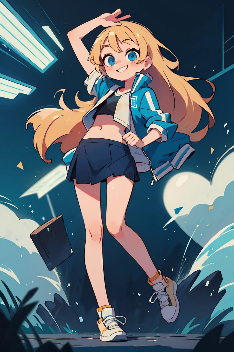 masterpiece, 4k, detailed, extreme detailed, thin, small frame, long blonde hair, blue eyes, smiling, cute pose, exposed midriff, half jacket, short skirt, sneakers, full body