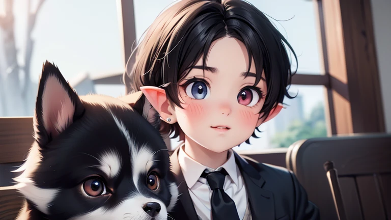black hair, handsome boy ,elf ear, black suit, red tie, earings, heterochromia eyes, horned, middle part hair, husky dog