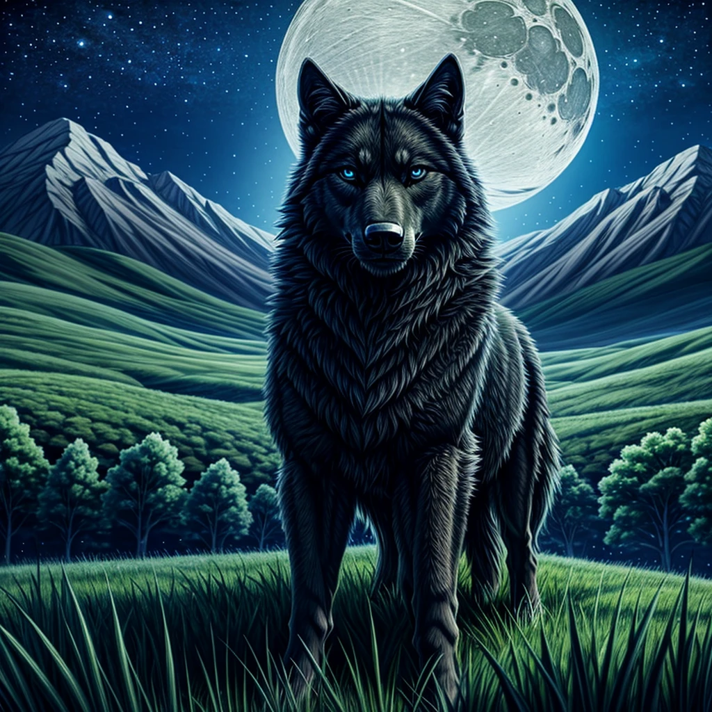 masterpiece, (best quality) , very detailed, ultra detailed ,(alone), meadow , beautiful black wolf, blue eys , night, moon, epic