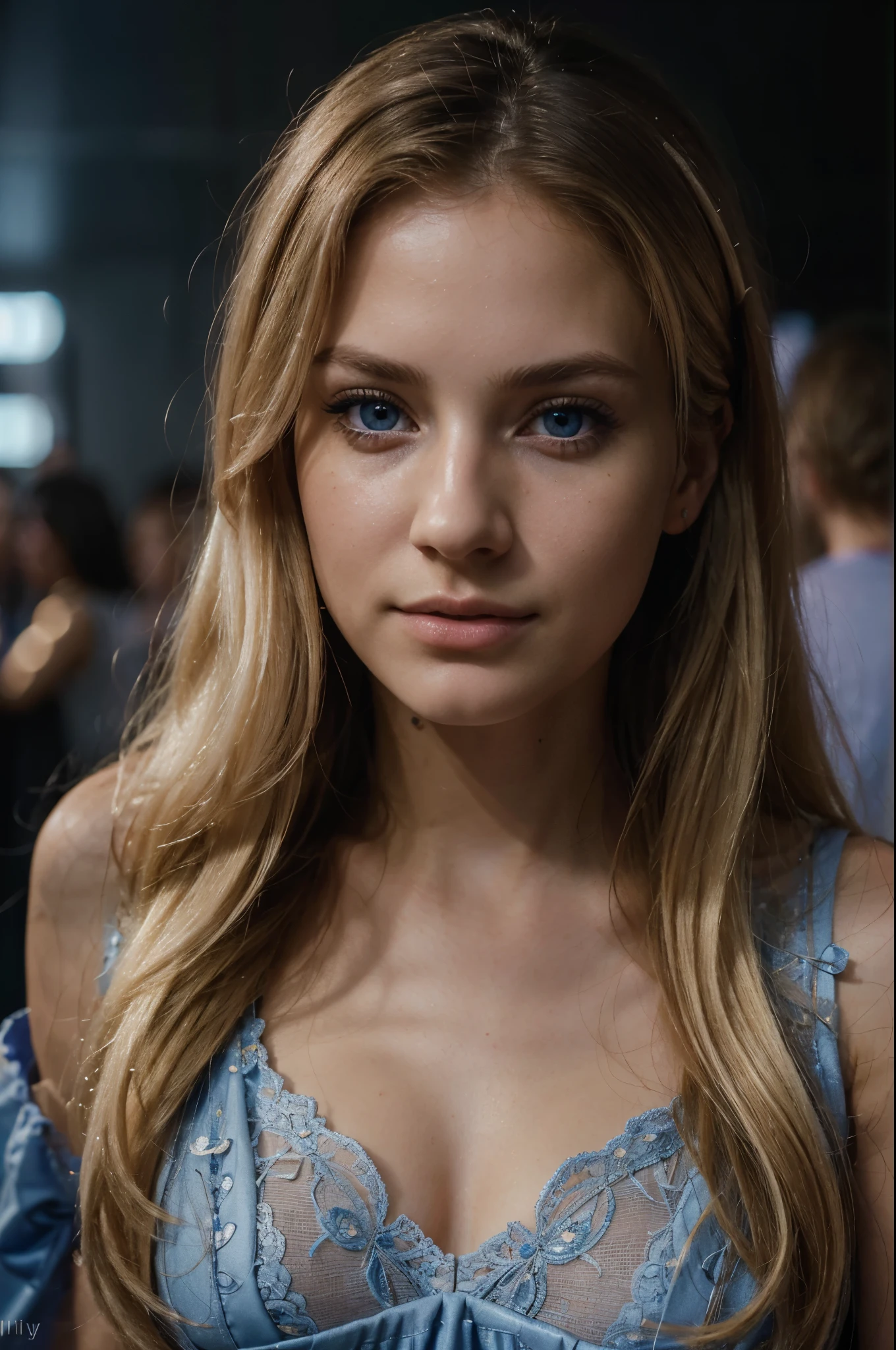 (high quality,4k,8k,highres,masterpiece:1.2), ultra-detailed, (realistic,photorealistic,photo-realistic:1.37), (((supermodel face))), super cute 18 years old blond girl, thin face, ((thin nose)), (dark blue eyes), vivid colors, studio lighting, sharp focus, emotionally intense, mysterious atmosphere, busty, perfect cleavage