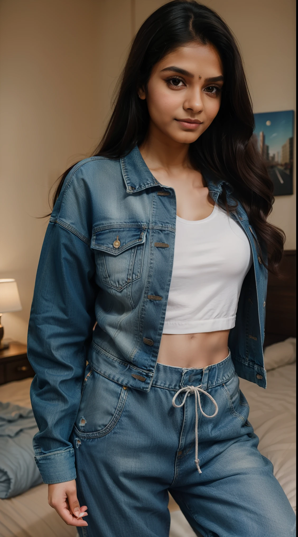full body, long_hair, gorgeous, city girl, indian, sweatpants, medium  under clothes, denim jacket cozy clothes, (masterpiece), best quality, bedroom, cozy light, in bed, blurry background, front view