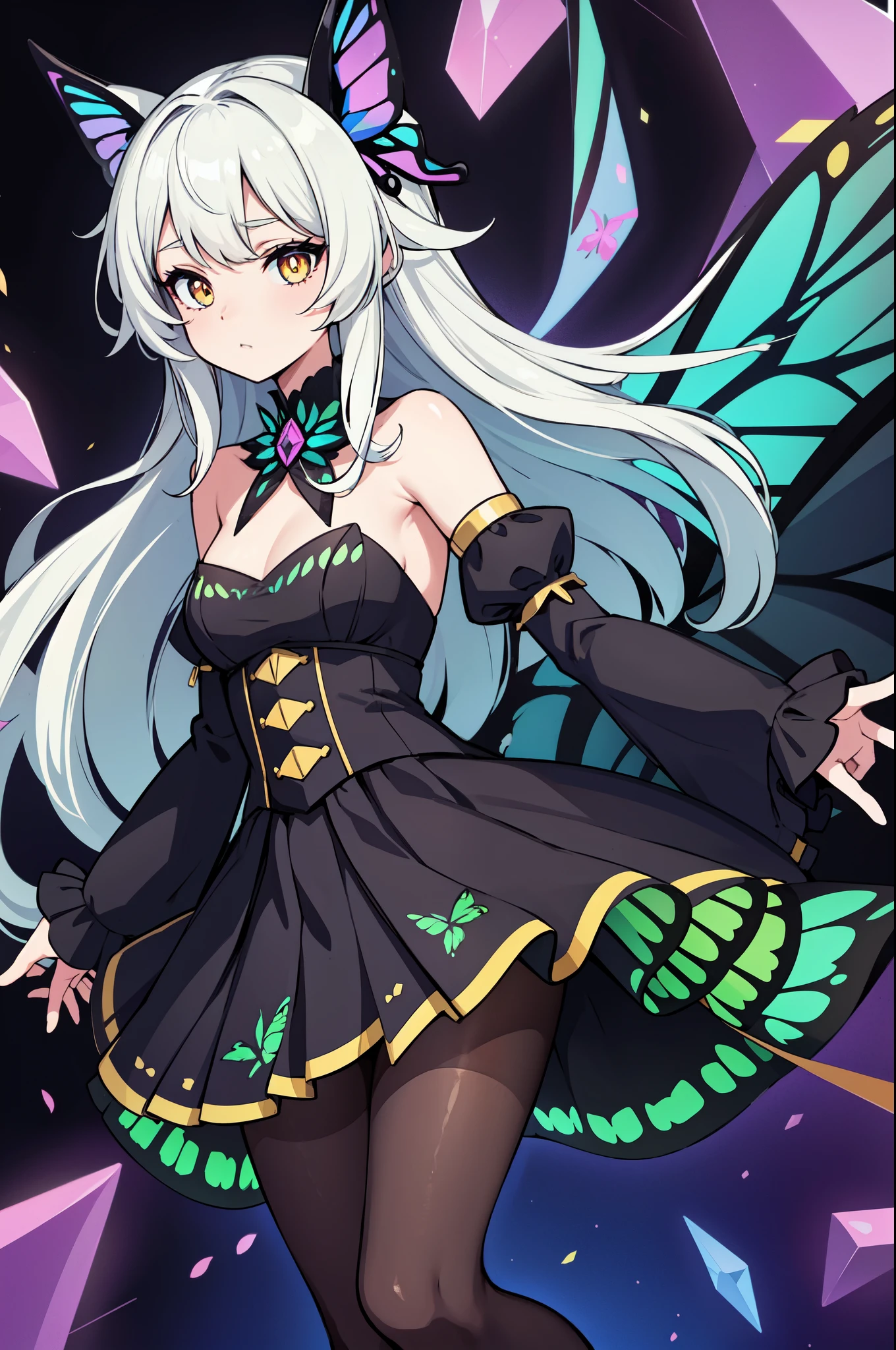 1girl, (green butterfly ears:1.1), (white hair), (long permed hair), ((white eyes)), ((faint pupil)), ((noodle hair)), ((ringlets)), (black butterfly), (dynamic pose), (colorful idol costume), (black butterfly aesthetic), (mini skirt), (black pantyhose), (black butterfly wings:1.3), (dynamic angle), more_details:-1, more_details:0, more_details:0.5, more_details:1, more_details:1.5, glowify, more prism, vibrant color, jewelry background, floating gems, floating glass pieces