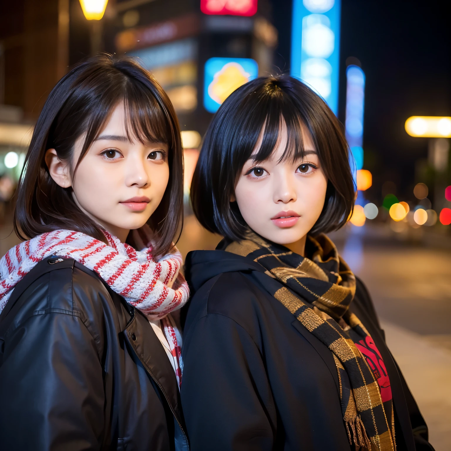 Best-quality, Masterpiece, Ultra-High-Resolution, (Photorealistic:1.4), Raw-Photo, A lesbian couple, 18-years-old girl and 25-years-old woman, Late at night, In the middle of winter, At Hiroshima's entertainment distric, (The 18-year-old girl, the most famous Japanese idol, wearing down jacket and hoodie, extremely beautiful black-short-cut-haired, extremely cute face like the most popular Japanese idol, extremely beautiful big-black-eyes), 
(The 25-year-old woman, the most famous Japanese actress, wearing expensive-coat and business suit, extremely beautiful brown-long-haired, extremely beautiful face like the most popular

Both girls are wearing matching scarves.