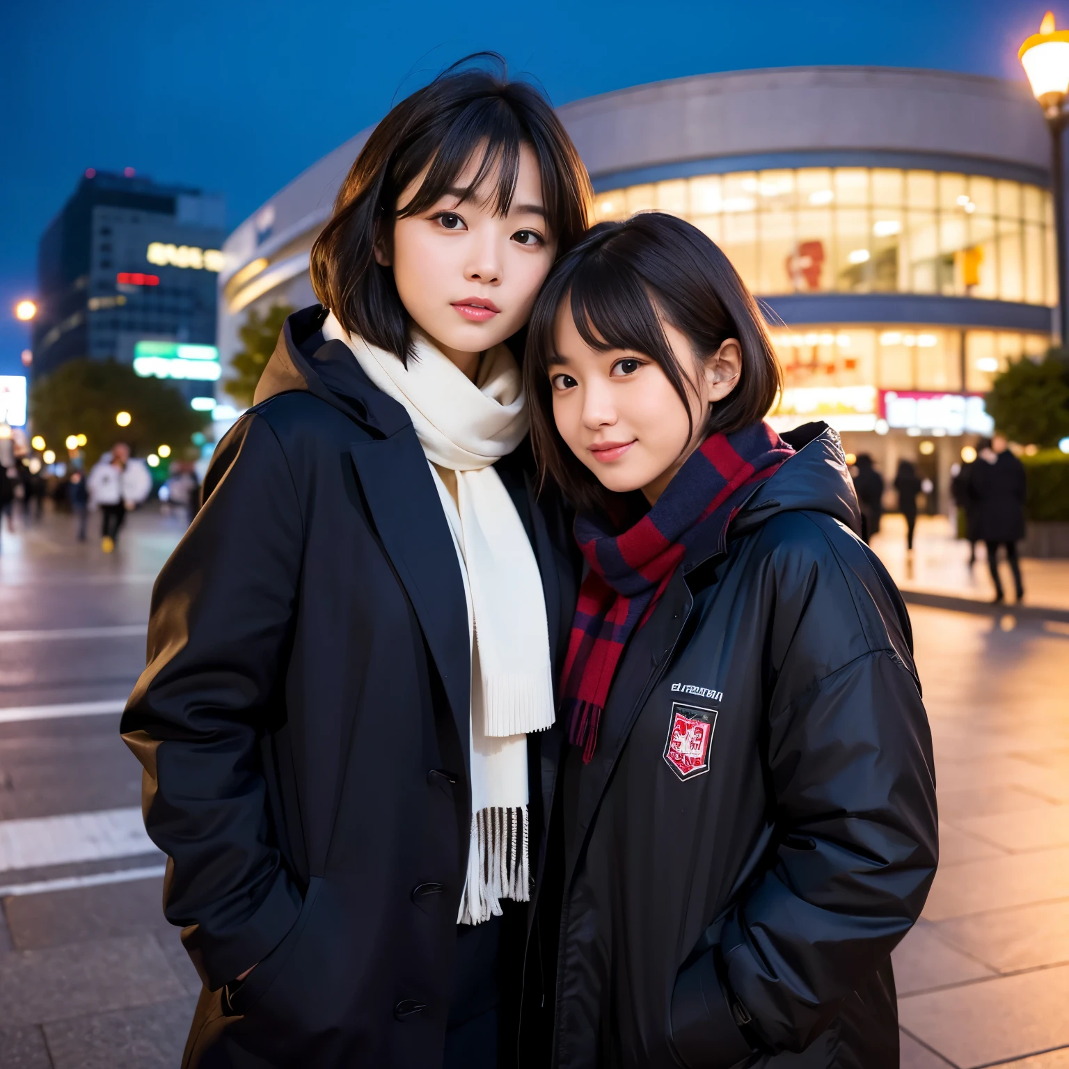Best-quality, Masterpiece, Ultra-High-Resolution, (Photorealistic:1.4), Raw-Photo, A lesbian couple, 18-years-old girl and 25-years-old woman, Late at night, In the middle of winter, At Hiroshima's entertainment distric, (The 18-year-old girl, the most famous Japanese idol, wearing down jacket and hoodie, extremely beautiful black-short-cut-haired, extremely cute face like the most popular Japanese idol, extremely beautiful big-black-eyes), 
(The 25-year-old woman, the most famous Japanese actress, wearing expensive-coat and business suit, extremely beautiful brown-long-haired, extremely beautiful face like the most popular

Both girls are wearing matching scarves.