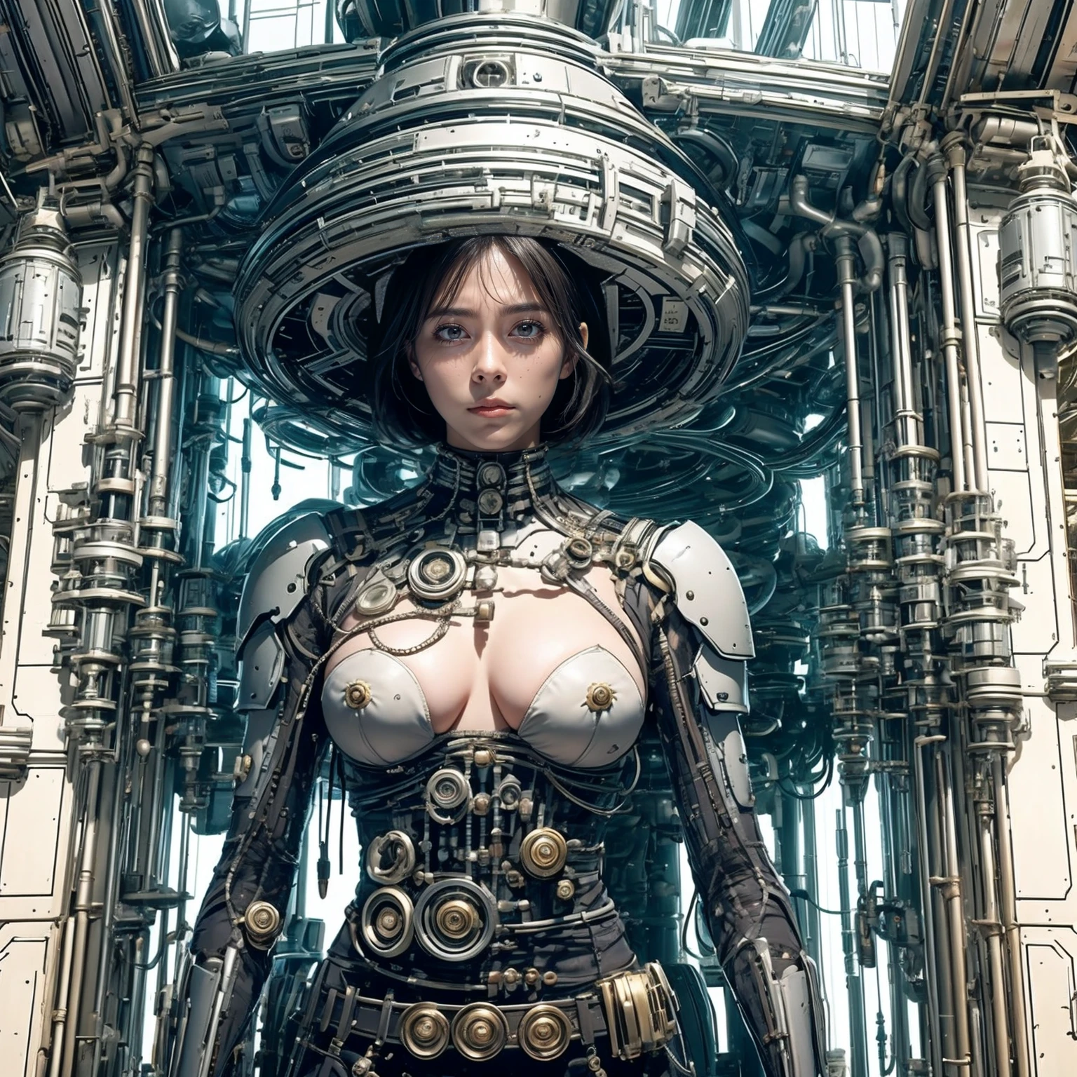 1 character, Ultra realistic 16K CG, masterpiece, Best Composition, Photo quality, work of art, full length portrait, Character incredibly beautiful girl., Incredibly beautiful face, very detailed face, Cyborg Girl, a lot of steel parts, Mirror polish, detailed robotic body, Detailed eyes, detailed hair, correct anatomy, bride, princess, Against the backdrop of a futuristic city, The capital of the Star Wars empire in the style of John Lucas, Incredible skyscrapers in the background. naked, flowers, Crown of their flowers and diamonds, high detail, Lots of elements, Flowers in containers, Creepers on the walls, gilding on structures, neon lights, evening, Twilight, futuristic display, Hologram, night, fantasy advertising lights, Street, flying transports, flying cargo ships, cranes, Manipulators.