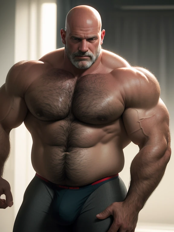 (RAW style, masterpiece, best quality, ultra-detailed), A captivating mid-age heavy trucker-driver portrait, bald, Strong and muscular with a hairy, big belly bodybuilder physique, showing a very hairy groin area, Realistic and Dynamic Lights illuminating every detail, Old and weathered features with visible stubble, Full Shot for maximum impact, Trending on ArtStation and CGSociety for its High Detail and Sharp Focus, Dramatically lit with intriguing shadows, radiating a raw, photorealistic Reality, detailed speedo, big underwear bulge