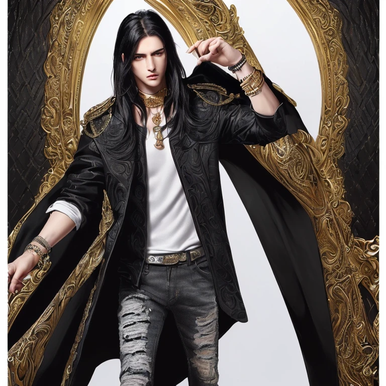 (Best quality, masterpiece:1.4), HD, detailed, digital art, cartoon, detailed face, (hyper-detailed eyes:1.2),
White background, (full-body:1.4), male character, (long and black hair:1.4), (golden eyes:1.2), (bands around the neck:1.2), (bracelets on the wrists:1.2), (black jacket:1.2), (black jeans:1.2),
(completely white shirt under the jacket:1.2)