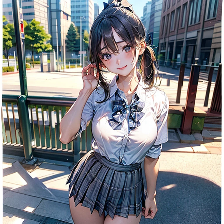 (masterpiece:1.2, highest quality), (realistic, photorealistic:1.4), beautiful illustrations, 
looking at the viewer, cowboy shot, Front view:0.8, 
1 girl, Japanese, high School girl, (Straight ponytail:1.5), blown hair, bangs, hair between eyes, big breasts:0.8, 
beautiful hair, beautiful face, beautiful and fine eyes, beautiful clavicle, beautiful body, beautiful breasts, beautiful thighs, beautiful feet, beautiful fingers, 
(beautiful scenery), , School,
((collared shirt, white shirt, , cardigan, Grey plaid pleated skirt, Blue plaid bow tie)), white panties, 
Are standing, walk, 
smile, ,