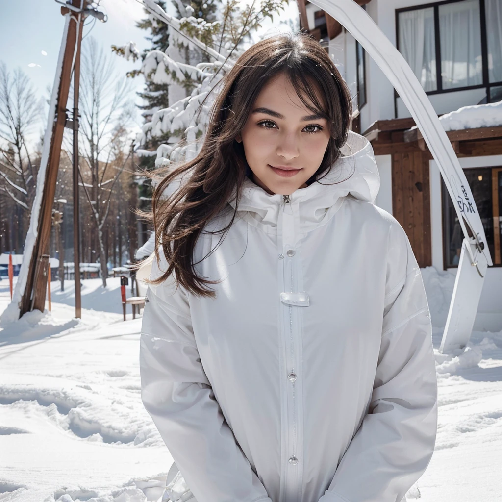 beautiful girl with a confident expression on her face,high contrast, dynamic composition, captivating gaze, thin smile,Serene and peaceful background, elegant and graceful movements, Subtle touches, Delicate lace accents, realistic rendering, Strong emotion, feminine charm,Instagram ,posing on the ski slope, We equip ourselves with the necessary clothes and serve coffee.