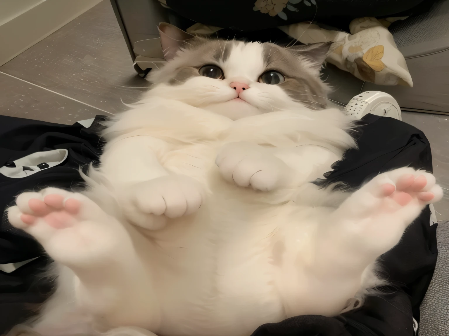 There is a cat that is sitting on a suitcase, mostrando sus patas al espectador, sosteniendo patas, Hermosas patas de gato, ella tiene un vientre redondo, gordo y ondulado, cuerpo esponjoso, ella tiene una linda cara expresiva, ella tiene una cara linda, El gato es esponjoso, Gato chonker, se sienta en un dedo, sentada en su cama, Patas en la cabeza
