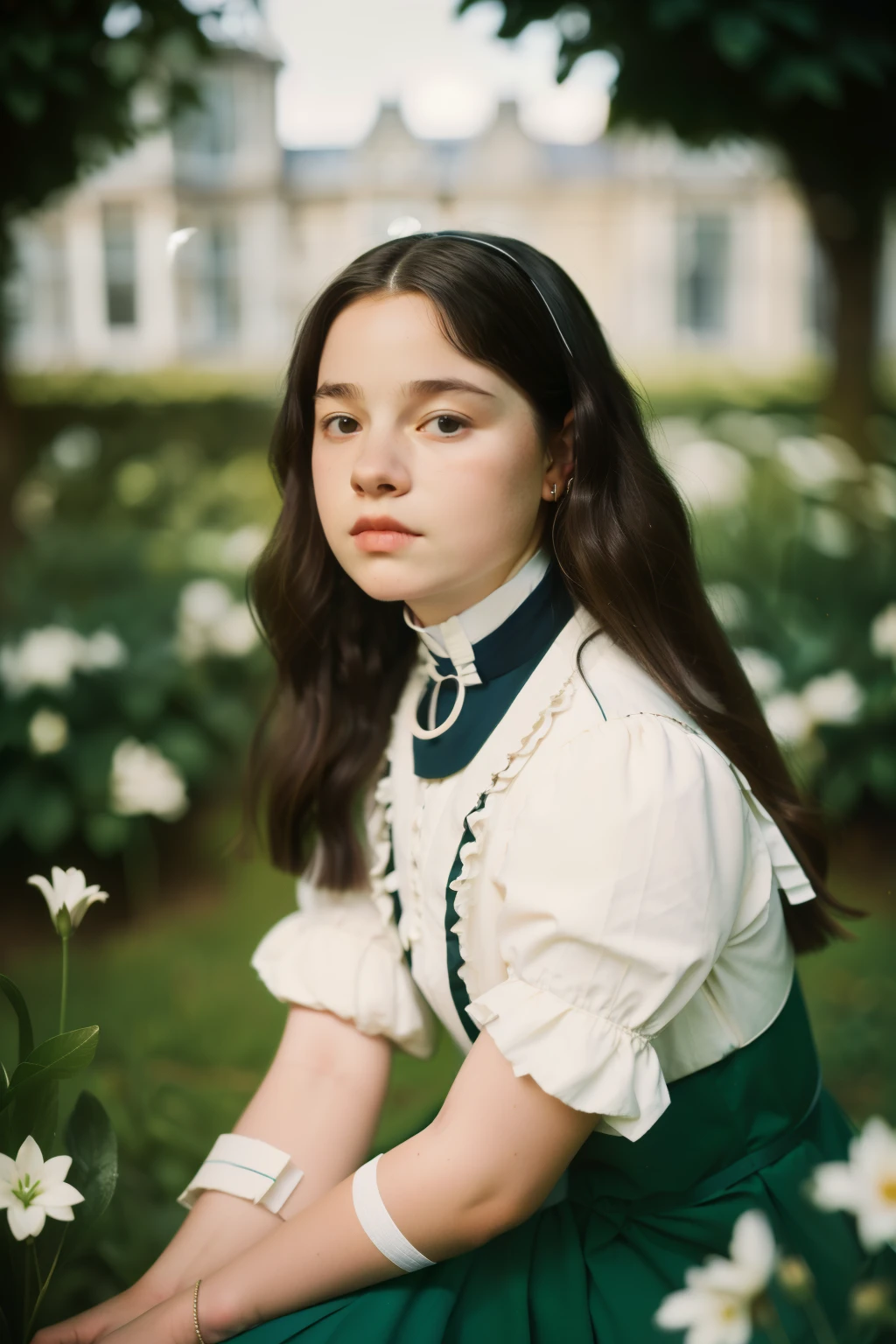 London, 1895. A ((((-yeld)) pa)), in the gardens of a boarding school for ladies. ((((white from the 19th century)))), ((black ringlets hairstyle from the 19th century))