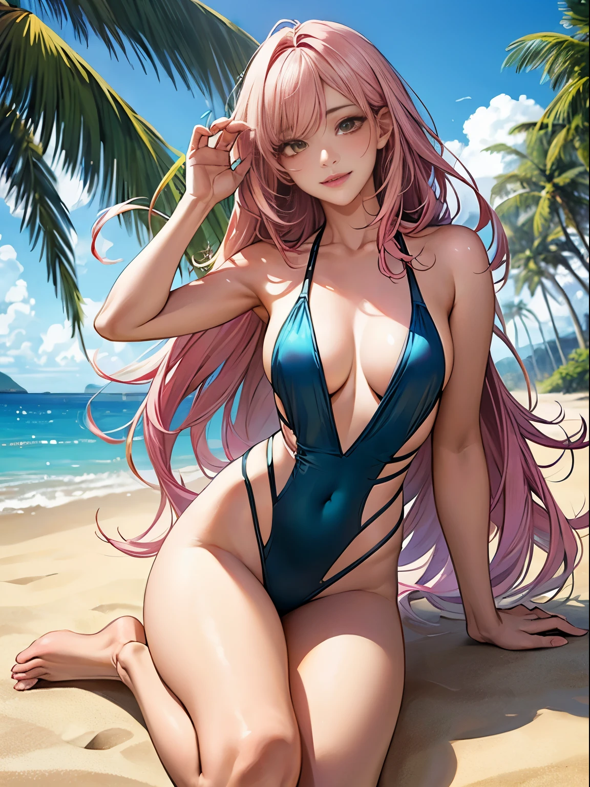(Long hair) , (pink-haired,beautiful,realistic) girl with (yellow) eyes, a (20-year-old) woman, (cute,sexy) swimsuit, (vividly colored) on a beach, (sandy,smooth) beach, clear (turquoise) water, (gentle,warm) breeze, (golden) sunlight reflecting on the waves, (playful) seagulls in the sky, (tropical) palm trees swaying, (endless) ocean horizon, (silky) sand between her toes, (sun-kissed) skin, (confident) pose, (energetic) smile, (relaxed) atmosphere, (unforgettable) summer day, (perfect) balance of relaxation and adventure, (memorable) experience by the sea