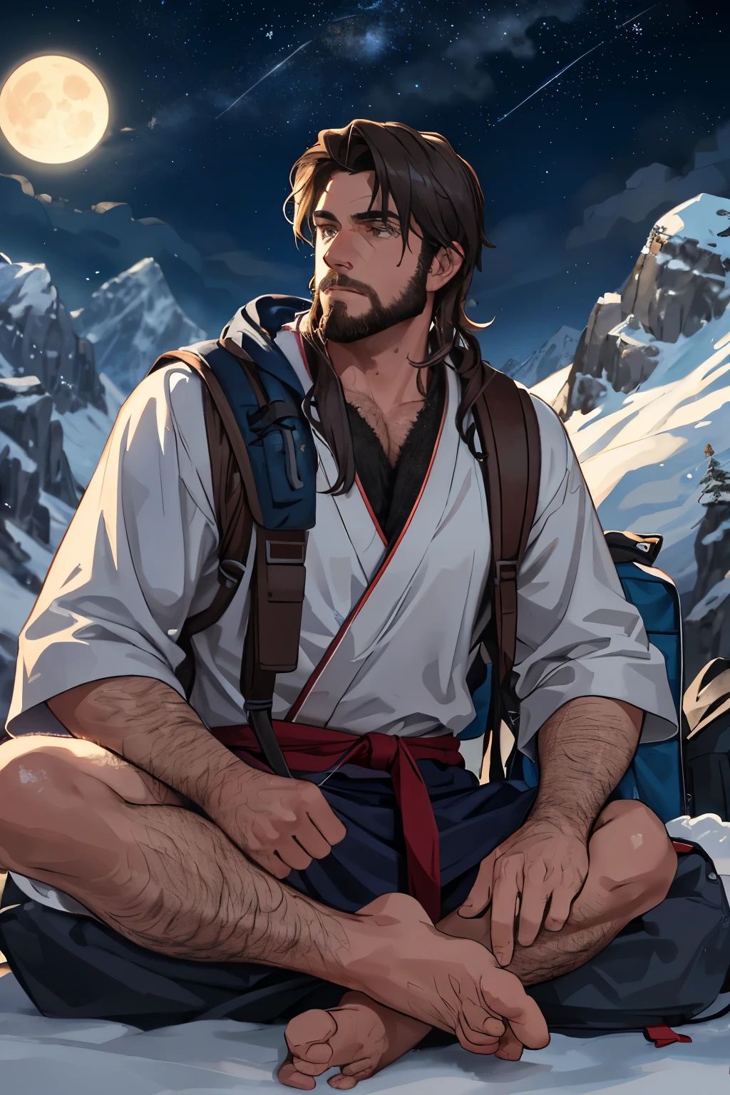 Masterpiece, one man, solo, meditating in the mountains with a sky full of stars and a glowing full moon, realistic, ultra-detailed, (rugged skin, sweating: 1.2), peaceful, looking at the moon, shoulder-length thick hair, deep-set eyes, serious, dynamic light and shadow, high resolution, sharp focus, depth of field, realistic eyes, sharp pupils, (beard growth: 0.8), mountainside, camping gear nearby, backpack, traditional robes, outdoor setting, night scene, constellations visible, calming atmosphere, enhanced details.