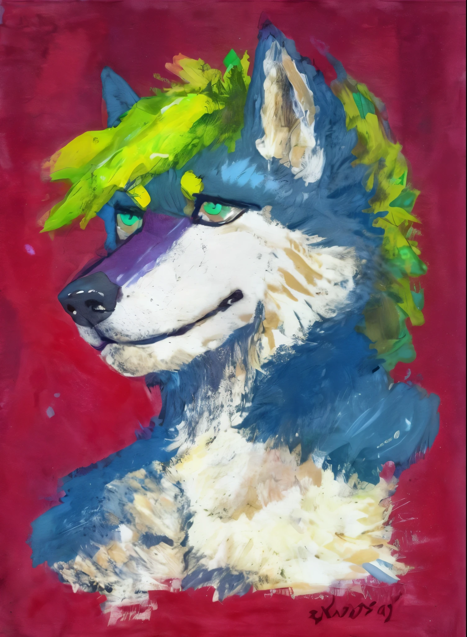 painting of a husky dog with a green wig on its head, portrait of an anthro fox, furry character portrait, anthropomorphic wolf, retarded wolf portrait, an anthropomorphic wolf, spike painting, portrait of retarded wolf, portrait of ((mischievous)), furry wolf, handsome weasel fursona portrait, very very beautiful furry art