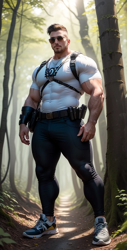 Man in off-white clothes standing in sunny forest, American round head, Buzz cut, national character face, tall and burly, muscular male hero, heroic male pose, muscular! Wearing sunglasses, SKINS brand stealth suit, black hair, super buff and cool, high resolution committee, character design police, sneakers, attractive strong man, sunlight shining through the gaps in the woods