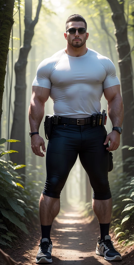 Man in off-white clothes standing in sunny forest, American round head, Buzz cut, national character face, tall and burly, muscular male hero, heroic male pose, muscular! Wearing sunglasses, SKINS brand stealth suit, black hair, super buff and cool, high resolution committee, character design police, sneakers, attractive strong man, sunlight shining through the gaps in the woods
