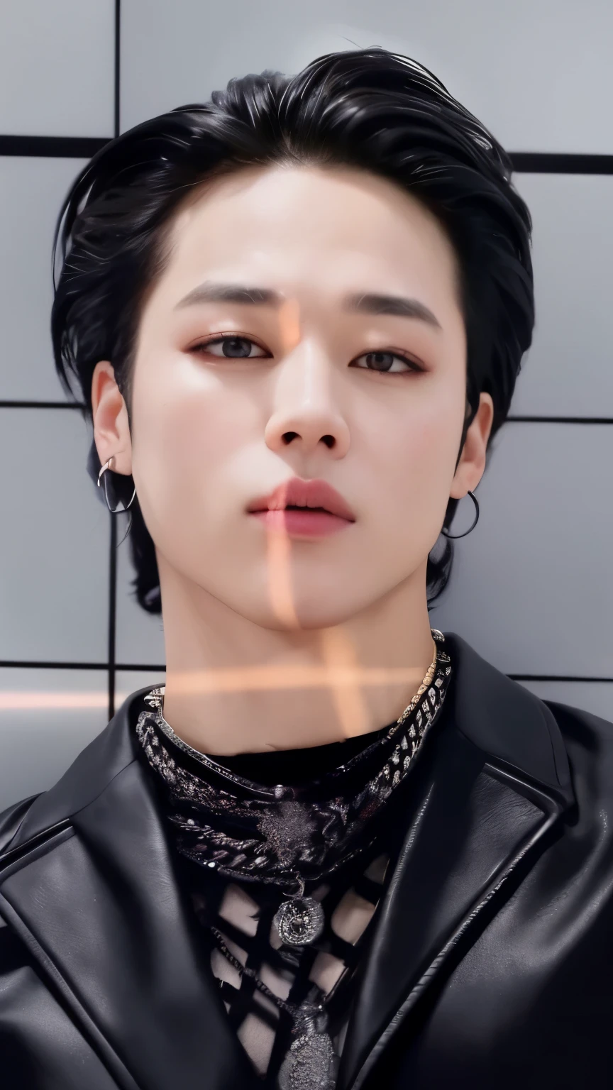 um close up de uma pessoa usando uma jaqueta preta e um colar, Jimin, park Jimin, Jimin\the full lips, Jimin\the right eyelid is swollen, Retrato do Jimin fo BTS, accurate Jimin face, Jimin\o nariz grego, kpop idol portrait, Park Jimin, Jimin, Park Jimin, Jimin