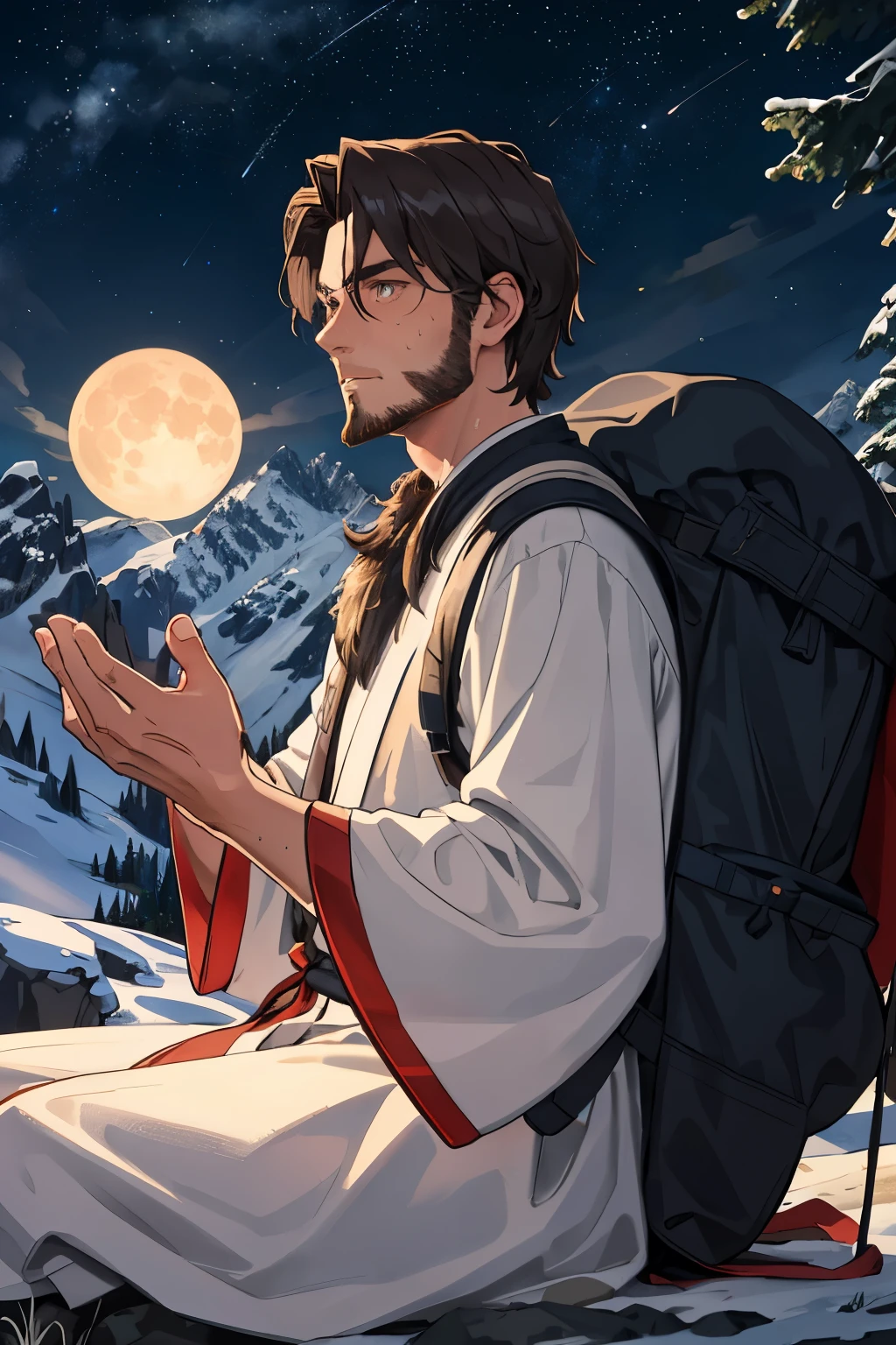 Masterpiece, one man, solo, meditating in the mountains with a sky full of stars and a glowing full moon, realistic, ultra-detailed, (rugged skin, sweating: 1.2), peaceful, looking at the moon, shoulder-length thick hair, deep-set eyes, serious, dynamic light and shadow, high resolution, sharp focus, depth of field, realistic eyes, sharp pupils, (beard growth: 0.8), mountainside, camping gear nearby, backpack, traditional robes, outdoor setting, night scene, constellations visible, calming atmosphere, enhanced details.
