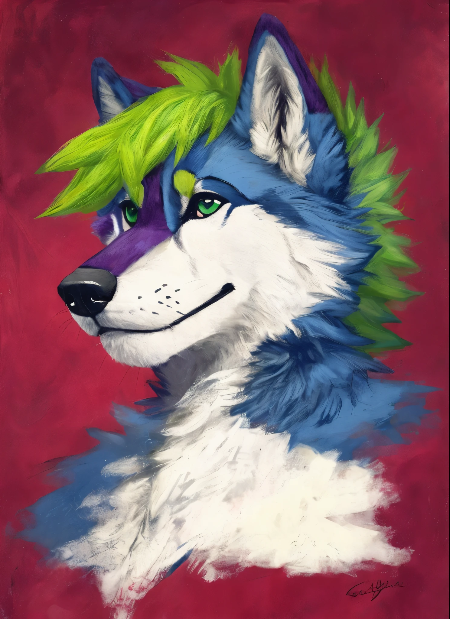 painting of a husky dog with a green wig on its head, portrait of an anthro fox, furry character portrait, anthropomorphic wolf, retarded wolf portrait, an anthropomorphic wolf, spike painting, portrait of retarded wolf, portrait of ((mischievous)), furry wolf, handsome weasel fursona portrait, very very beautiful furry art