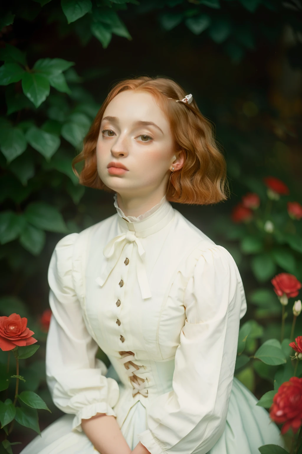 London, 1895. A ((((15-year-old)) Sophie Turner)), in the gardens of a boarding school for ladies. ((((white from the 19th century)))), ((curly red hairstyle from the 19th century)) 