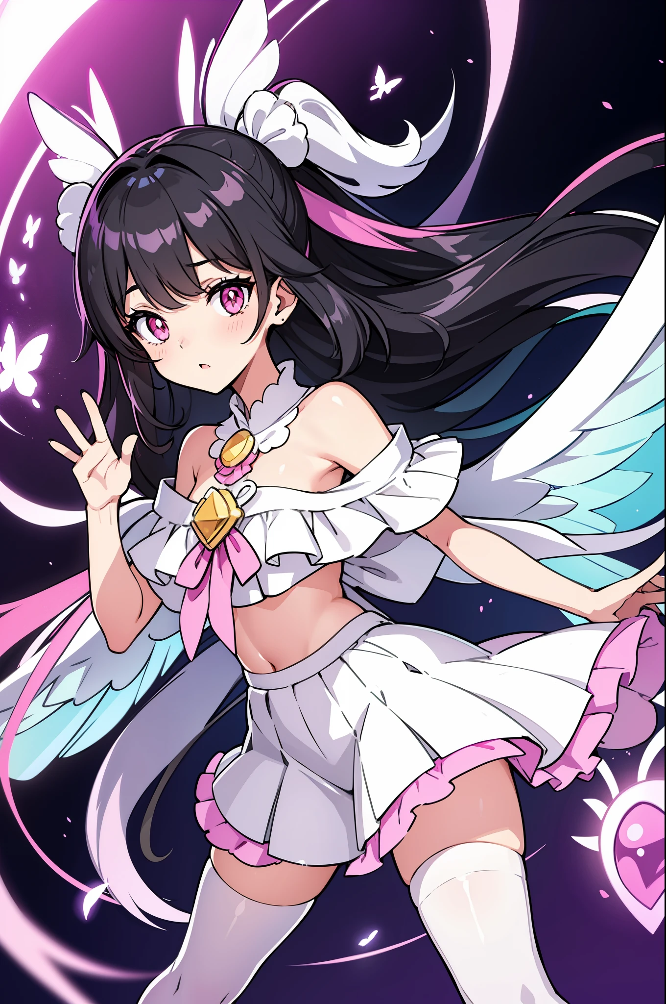 1girl, (white butterfly ears:1.1), (black hair), (long wild hair), ((pink eyes)), ((faint pupil)), ((hime cut)), (white butterfly), (dynamic pose), (colorful white idol costume), (white butterfly aesthetic), (mini skirt), (white pantyhose), (white butterfly wings:1.3), (dynamic angle), more_details:-1, more_details:0, more_details:0.5, more_details:1, more_details:1.5, glowify, more prism, vibrant color, jewelry background, floating gems, floating glass pieces