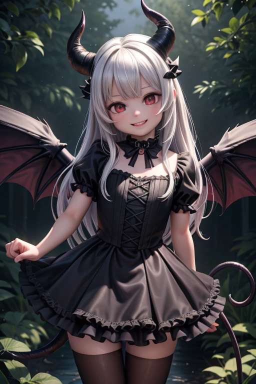 Ultra-realistic 8k CG, masterpiece, best quality, (photorealistic:1.4), absurdres, extremely detailed, real hair, life-like, horror scene, dark setting, action pose, cute girl smiling, looking at viewer, reflective, crawling toward viewer, girly dress, white nylons, tail, black wings, devil horns, night garden