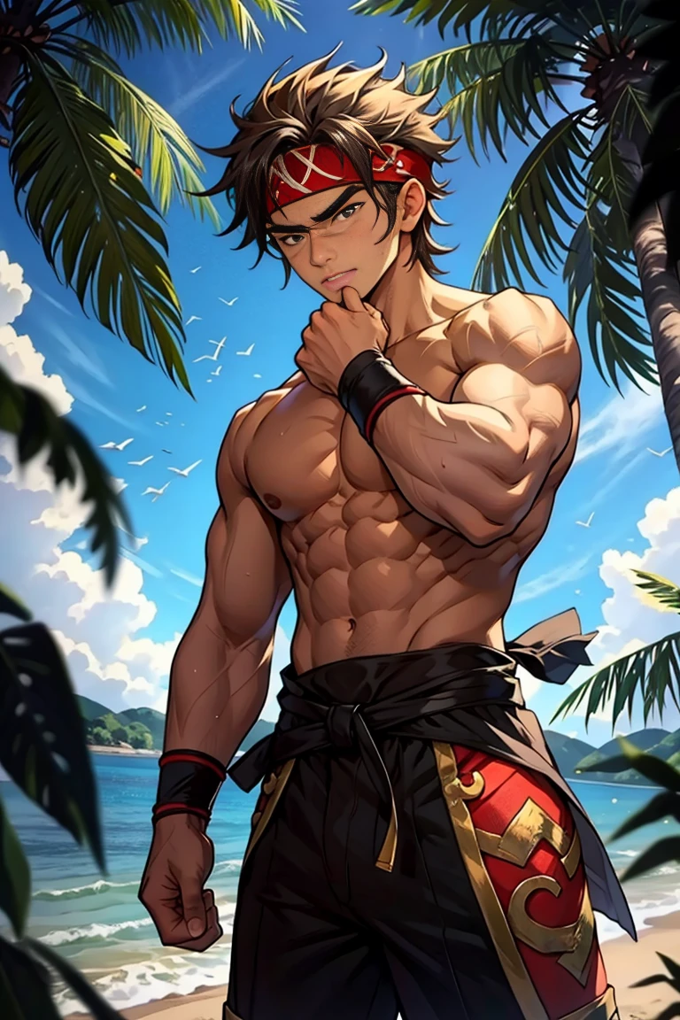 (Masterpiece, Best quality  boy，Shota), solo, Young, boy, Dark Short hair, full bodyesbian, Shirtless, babyface, topless, green headband, Vivid colors,(Depth of field:1.2),(Abs), view the viewer, black wristband, closed mouth, serious, topless male, pale tanned skin , Man with martial arts stance, epic kung fu pose,