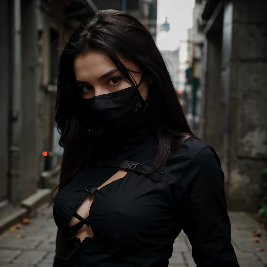 A beautiful dark hair girl wearing a dark ninja attire 