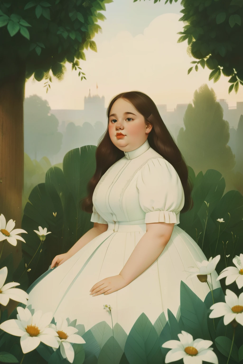 London, 1895. A ((((15-year-old)) Bailee Madison)), in the gardens of a boarding school for ladies, ((overweight)). ((((white from the 19th century)))), ((brown hairstyle from the 19th century))