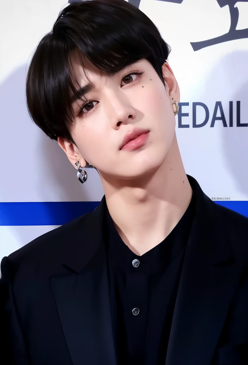 a close up of a person wearing a suit and earrings, jungkook, black haired yoongi, taken in the early 2020s, jimin\'s right eyelid swollen, his eyes look wise, innocent look, jimin, hyung tae, solid background, wry smirk, jimin\'s plump lips, taejune kim, park jimin, cai xukun