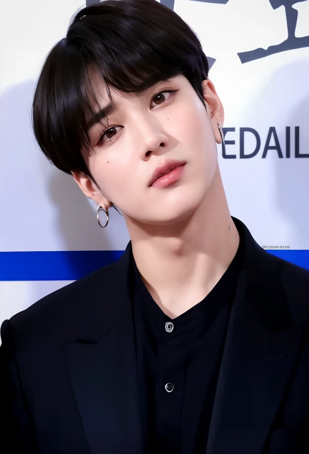 a close up of a person wearing a suit and earrings, jungkook, black haired yoongi, taken in the early 2020s, jimin\'s right eyelid swollen, his eyes look wise, innocent look, jimin, hyung tae, solid background, wry smirk, jimin\'s plump lips, taejune kim, park jimin, cai xukun
