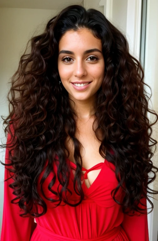 A beautiful 29 year old spanish woman, long hairs, red and black curly hair,