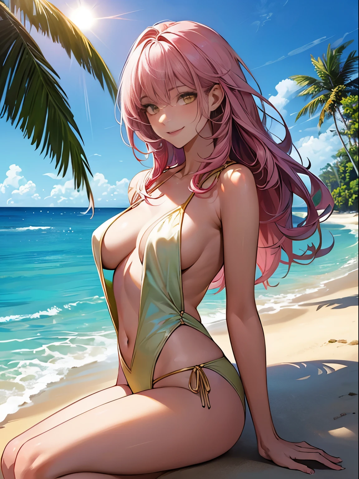 (Long hair) , (pink-haired,beautiful,realistic) girl with (yellow) eyes, a (20-year-old) woman, (cute,sexy) swimsuit, (vividly colored) on a beach, (sandy,smooth) beach, clear (turquoise) water, (gentle,warm) breeze, (golden) sunlight reflecting on the waves, (playful) seagulls in the sky, (tropical) palm trees swaying, (endless) ocean horizon, (silky) sand between her toes, (sun-kissed) skin, (confident) pose, (energetic) smile, (relaxed) atmosphere, (unforgettable) summer day, (perfect) balance of relaxation and adventure, (memorable) experience by the sea