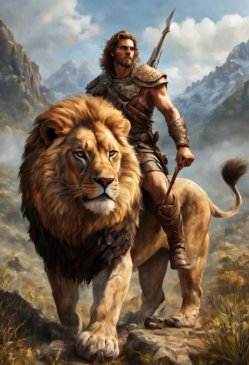 high details, best quality, 8k, [ultra detailed], masterpiece, best quality, (extremely detailed), dynamic angle, ultra wide shot, RAW, photorealistic, fantasy art, dnd art, rpg art, realistic art, a wide angle picture of a male human ranger and his pet lion, warrior of nature, fighter of nature, full body, [[anatomically correct]]. dynamic position (1.5 intricate details, Masterpiece, best quality) talking to a lion (1.6 intricate details, Masterpiece, best quality) in graaslands (1.5 intricate details, Masterpiece, best quality), a male wearing leather clothes (1.4 intricate details, Masterpiece, best quality), leather boots, thick hair, long hair, dynamic hair, tan skin intense eyes, grasslands background (intense details), a stream flowing in the backgraound (1.4 intricate details, Masterpiece, best quality), dawn light, clouds (1.4 intricate details, Masterpiece, best quality), dynamic angle, (1.4 intricate details, Masterpiece, best quality) 3D rendering, high details, best quality, highres, ultra wide angle