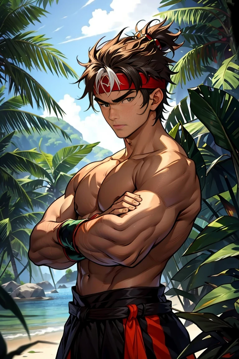 (Masterpiece, Best quality  boy，cute eye, Shota), solo, Young, boy, Dark Short hair, full bodyesbian, Shirtless, babyface, topless, green headband, Vivid colors,(Depth of field:1.2),(Abs), view the viewer, black wristband, closed mouth, serious, topless male, pale tanned skin with tight muscler body, Man with martial arts stance, epic kung fu pose