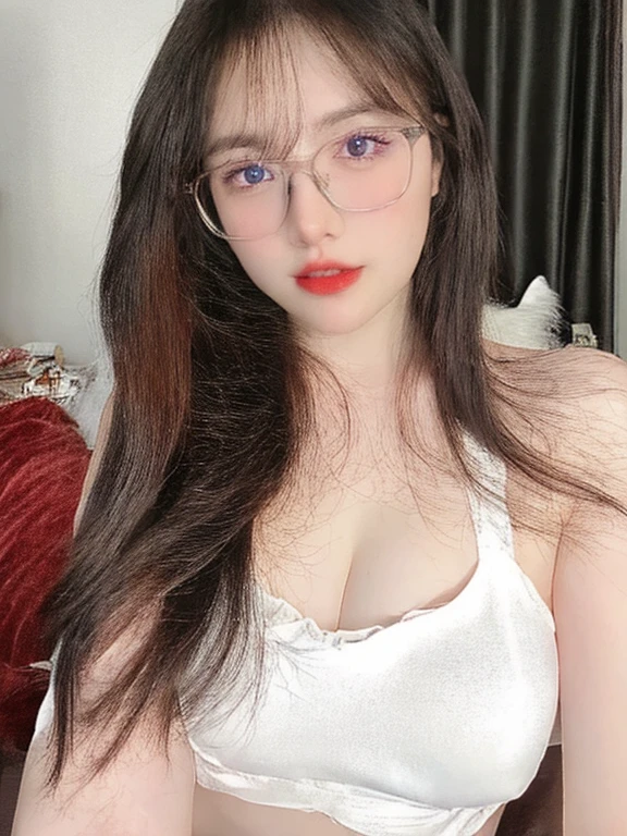 (realistic、high resolution:1.3)、 1 girl with perfect figure、selfee、glasses、((white skin:1.3))、big breast、white bikini、looking at viewers、super fine face and eyes、long hair、 in bedroom, sit on the bed、upper body、half body