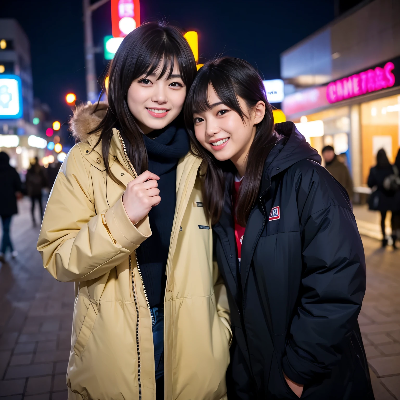 Best-quality, Masterpiece, Ultra-High-Resolution, (Photorealistic:1.4), Raw-Photo, A lesbian couple, 18-years-old girl and 25-years-old woman, Late at night, In the middle of winter, At Hiroshima's entertainment distric, (The 18-year-old girl, the most famous Japanese idol, wearing down jacket and hoodie, extremely beautiful black-short-cut-haired, extremely cute face like the most popular Japanese idol, extremely beautiful big-black-eyes),
(The 25-year-old woman, the most famous Japanese actress, wearing expensive-coat and business suit, extremely beautiful brown-long-haired, extremely beautiful face like the most popular Japanese actress, extremely beautiful big-solid-circle-eyes),
Both wearing matching scarves, both drunk, both walking staggered, looking at viewer, laughing-out-loud