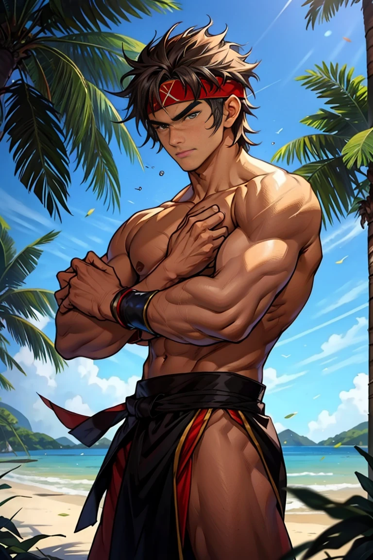 (Masterpiece, Best quality  boy，Shota), solo, Young, boy, Dark Short hair, full bodyesbian, Shirtless, babyface, topless, green headband, Vivid colors,(Depth of field:1.2),(Abs), view the viewer, black wristband, closed mouth, serious, topless male, pale tanned skin , Man with martial arts stance, epic kung fu pose,