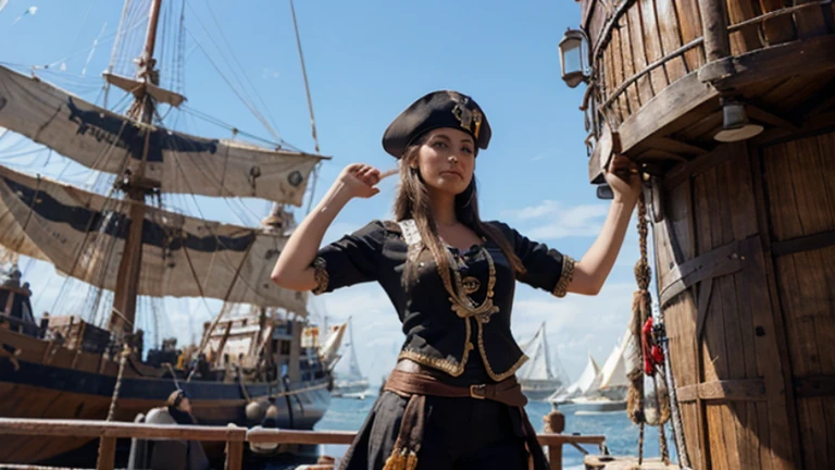 Una mujer vestida de pirata, with pirate clothes completed on a ship in the middle of a sunny day. Debe de ser de dos dimensiones estilo Disney