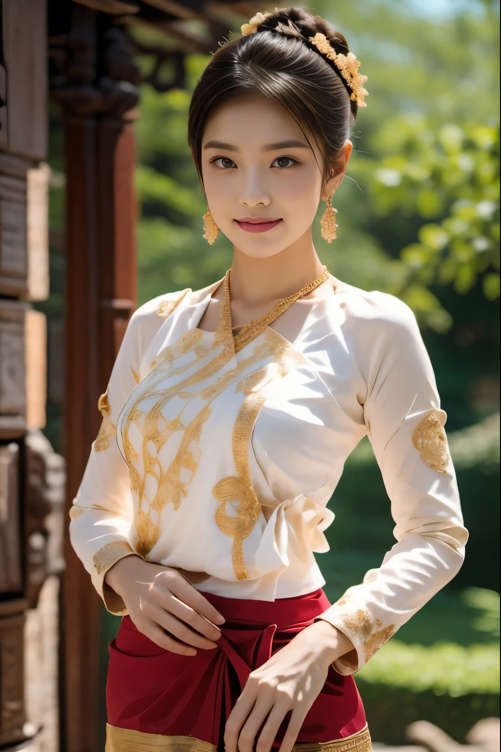 A high-resolution (4K+) photorealistic portrait of a stunning young woman embodying the elegance and cultural richness of Keng Tong Tai Khun traditions.
Age: Late s to early twenties
Ethnicity: Tai Khun
Features: Delicate yet defined facial features, expressive eyes with subtle makeup, radiant complexion.
Attire:

Keng Tong Tai Khun outfit:
Meticulously tailored and vibrant, showcasing the intricate embroidery, woven patterns, and luxurious fabrics characteristic of the region.
Full ensemble including:
Sao-Dok Kham: Long, fitted skirt with cascading tiers adorned with gold thread embroidery.
Pha Sin Waen: Matching shawl draped gracefully over one shoulder.
Pha-Kheng: Silk belt cinching the waist, embellished with gold and gemstones.
Accessories:
Hsae Laung: A cascade of gold bangles reaching almost to the elbows, each intricately engraved with unique designs.
Hlai Nga: Statement necklace crafted from Burmese rubies and sapphires, set in intricate goldwork.
Kham Sa: Dazzling gold earrings adorned with dangling gemstones, mirroring the necklace design.
Pose:

Full-body portrait, standing confidently amidst the ancient Bagan temples.
One hand gently resting on the hip, 
Posture exuding both grace and regality, highlighting the traditional elegance of the costume.
Background:

The majestic Bagan temples, bathed in the warm glow of the morning sun, casting long shadows that accentuate the woman's stature.
Architectural details of the temples subtly visible, hinting at the rich history and cultural significance of the location.
Lighting:

Soft, natural light that illuminates the woman's beauty and emphasizes the intricate details of the costume and surrounding temples.
A subtle play of light and shadow to add depth and dimension to the image.