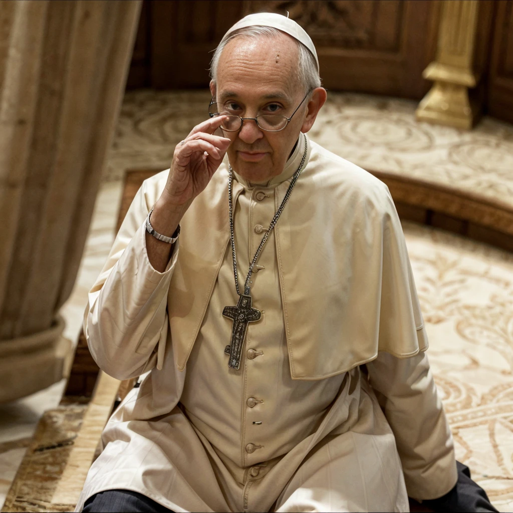 detailed PopeFra Pope Francis sitting and waving, glasses on. Photorealistic, view from afar, wide shot from above, wide-angle