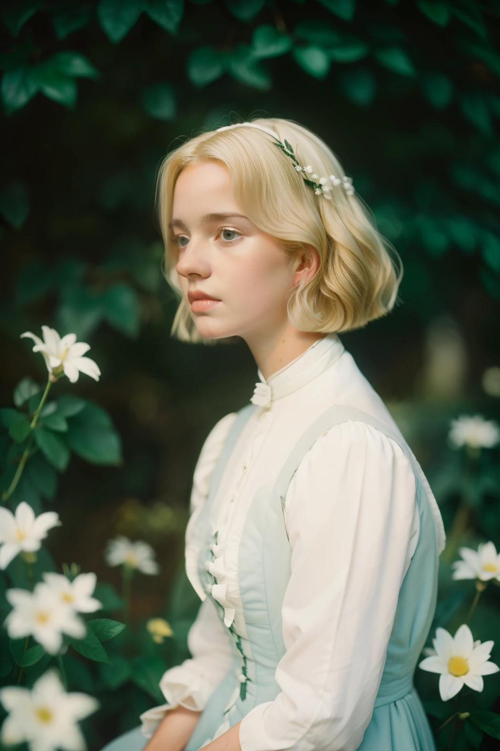 London, 1895. A ((((15-year-old)) Felicity Worthington)), in the gardens of a boarding school for ladies. ((((white from the 19th century)))), ((blonde hairstyle from the 19th century)) 