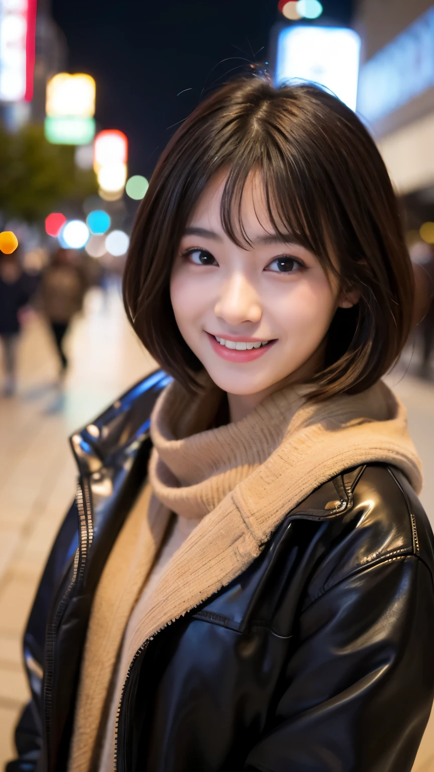 Best-quality, Masterpiece, Ultra-High-Resolution, (Photorealistic:1.4), Raw-Photo, A lesbian couple, 18-years-old girl and 25-years-old woman, Late at night, In the middle of winter, At Hiroshima's entertainment distric, (The 18-year-old girl, the most famous Japanese idol, wearing down jacket and hoodie, extremely beautiful black-short-cut-haired, extremely cute face like the most popular Japanese idol, extremely beautiful big-black-eyes), 
(The 25-year-old woman, the most famous Japanese actress, wearing expensive-coat and business suit, extremely beautiful brown-long-haired, extremely beautiful face like the most popular Japanese actress, extremely beautiful big-solid-circle-eyes), 

Both wearing matching scarves, both drunk,  both walking staggered, looking at viewer, laughing-out-loud
