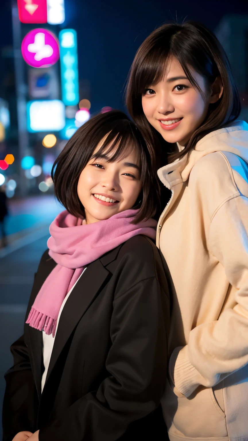 Best-quality, Masterpiece, Ultra-High-Resolution, (Photorealistic:1.4), Raw-Photo, A lesbian couple, 18-years-old girl and 25-years-old woman, Late at night, In the middle of winter, At Hiroshima's entertainment distric, (The 18-year-old girl, the most famous Japanese idol, wearing down jacket and hoodie, extremely beautiful black-short-cut-haired, extremely cute face like the most popular Japanese idol, extremely beautiful big-black-eyes),
(The 25-year-old woman, the most famous Japanese actress, wearing expensive-coat and business suit, extremely beautiful brown-long-haired, extremely beautiful face like the most popular Japanese actress, extremely beautiful big-solid-circle-eyes),
Both wearing matching scarves, both drunk, both walking staggered, looking at viewer, laughing-out-loud
