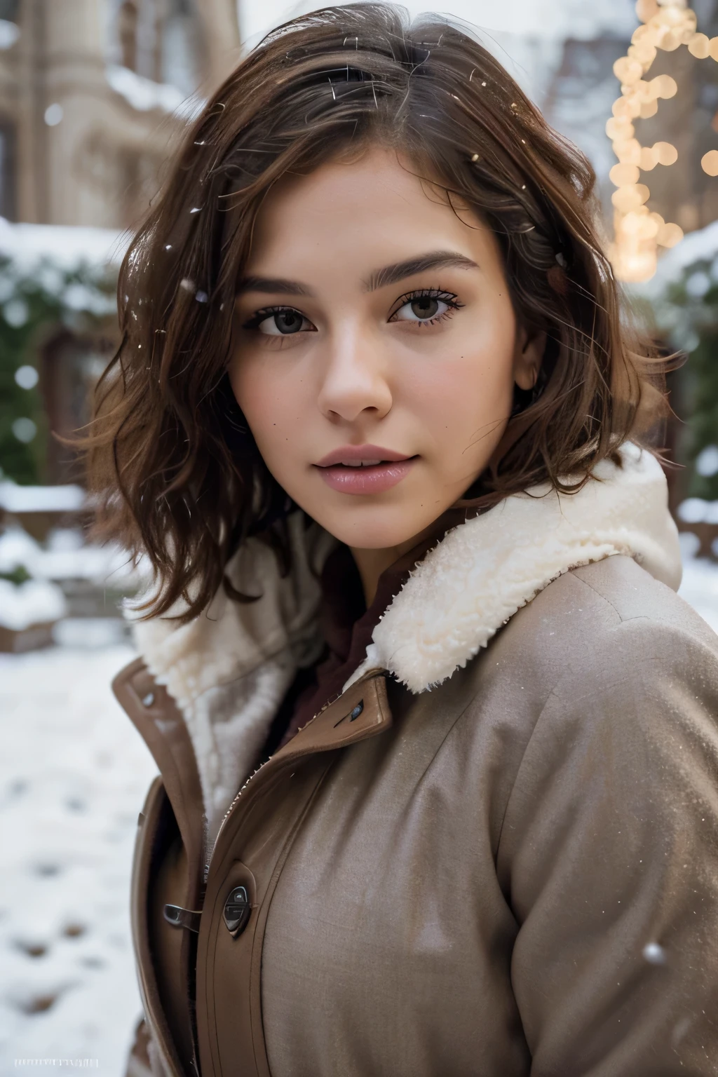 Breathtaking cinematic photo of a 25 year old girl with brown hair and brown eyes, happy, cheerful expression, closed mouth, beautiful lips, intricate details, shallow depth of field, highly detailed, high budget, epic Hollywood film, gorgeous, masterpiece, award-winning, professional, highly detailed, detailed skin texture, (blush: 0.5), (goosebumps: 0.5). (the most beautiful woman in the world) (brown hair) (short curly hair, wild hair, stylish cut) thin face, thin nose, beautiful, very beautiful, perfect face, slender body (slender), (brown hair) (brown eyes ) (white skin) Beautiful body, western face, predatory eyes, pink lips, thick thighs. full body, western beauty, thin nose, beautiful, perfect, ((best quality)), ((ultra resolution)), ((photorealistic: 1.4)), (intricate details), perfect face, makeup: 1.5 , clear face, facial details. The travel model stands in the iconic Mirabell Gardens as gentle snowfall blankets the historic landmarks. She's dressed in an elegant winter coat with faux fur details and stylish boots, her breath visible in the crisp winter air. The Baroque architecture, adorned with festive lights, provides a magical backdrop, creating a serene and picturesque winter scene.