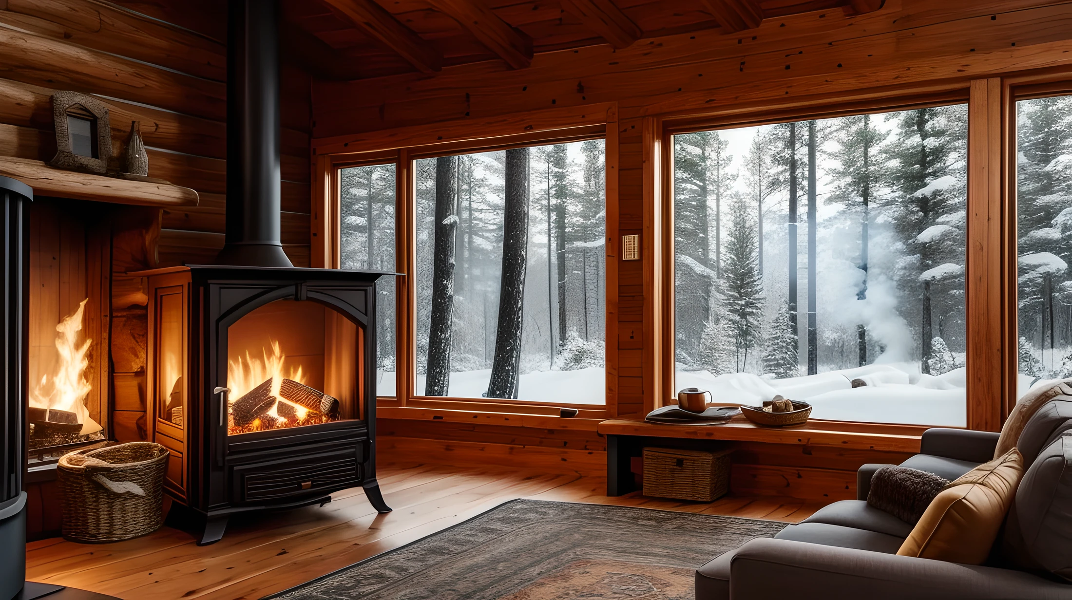 Design an embroidery effect image of a cozy cabin in a snowy forest, with smoke coming out of the chimney and a warm glow emanating from the windows.