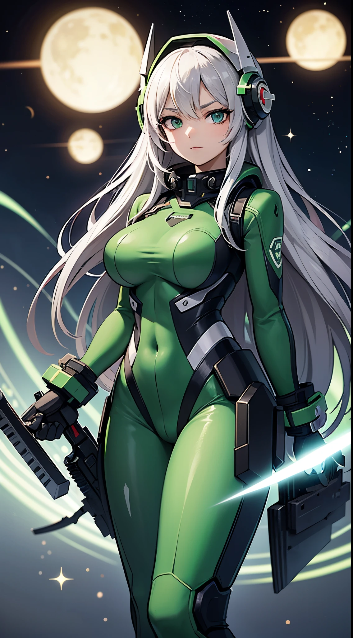 Claire Fugin Tight green combat suit Super big breasts Silver hair Long wavy hair Curly hair (((Outer space with large weapon))) Green mecha body Helmet