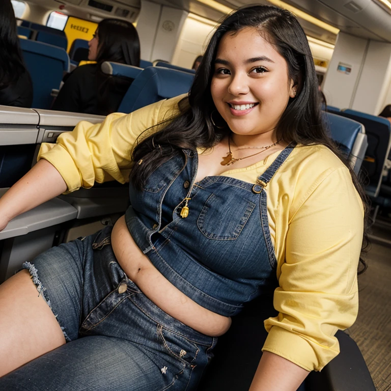 Chubby fat bbw nerdy latina young woman (20 years old), chubby belly, long straight black hair, wearing blue jeans and yellow shirt, Golden necklace, sitting in the airplane, smiley expression, full body picture, view from the side