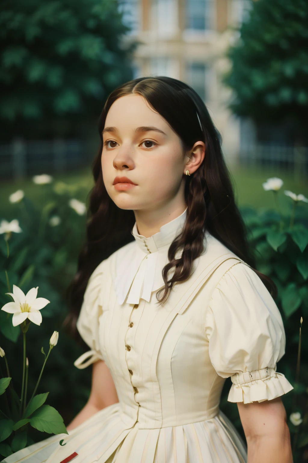 London, 1895. A ((((15-year-old)) Pippa Cross)), in the gardens of a boarding school for ladies. ((((white from the 19th century)))), ((black ringlets hairstyle from the 19th century))